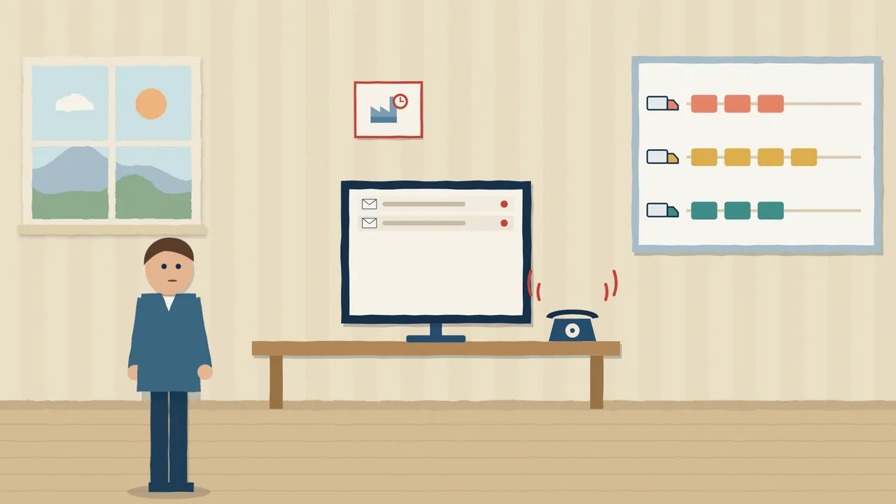 Paper-cut illustration: a planner's desk with a full inbox, a ringing phone and exception cards for a late supplier, a customer change and a sick driver