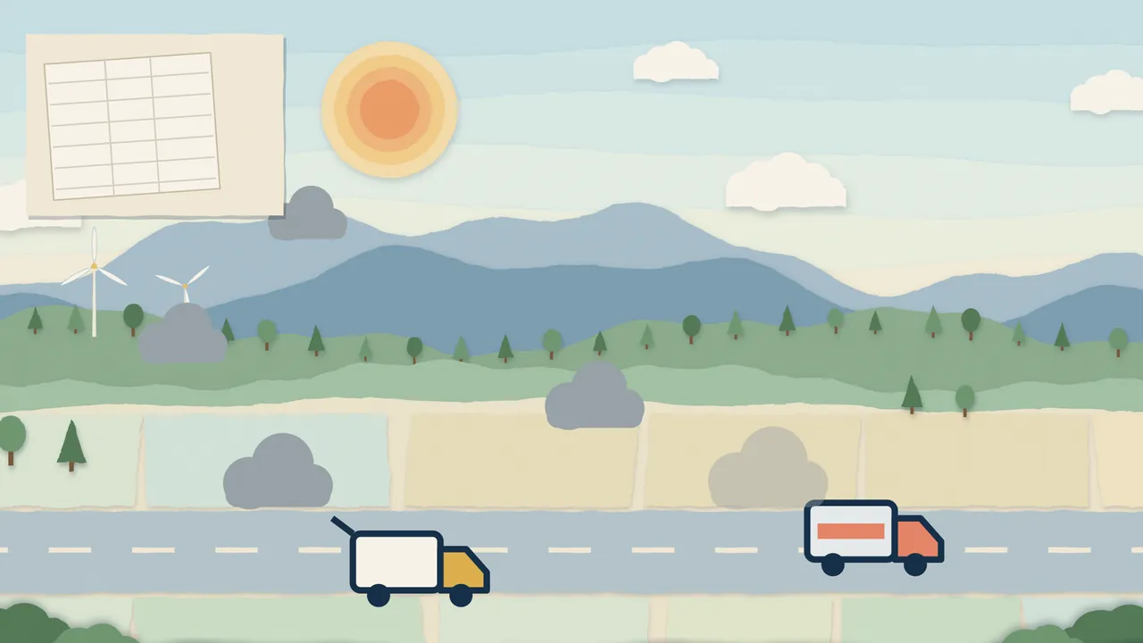 Paper-cut illustration: two trucks on a road, one running empty, with footprint clouds drifting up to a hand-ruled report sheet