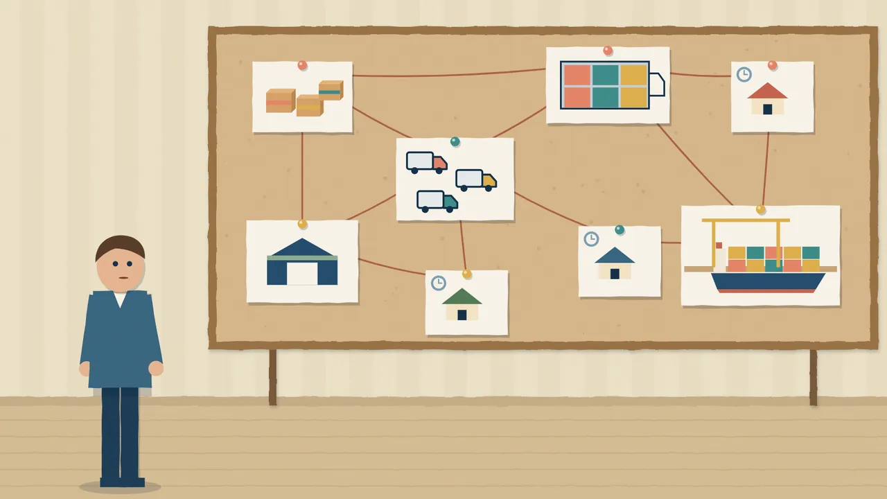 Paper-cut illustration: a planner beside a cork board where orders, trucks, a depot, a load plan, a ship and customers are tied together with thread