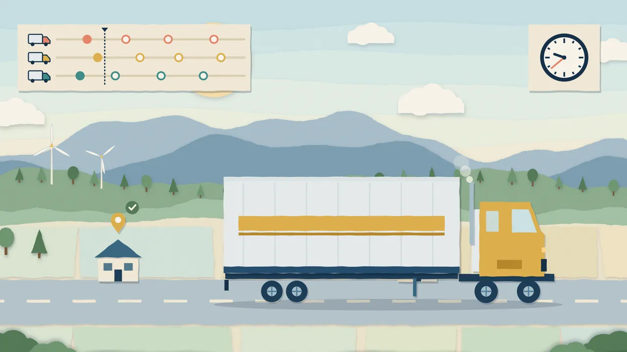 Paper-cut illustration: a truck on its route below a day-plan card and a clock