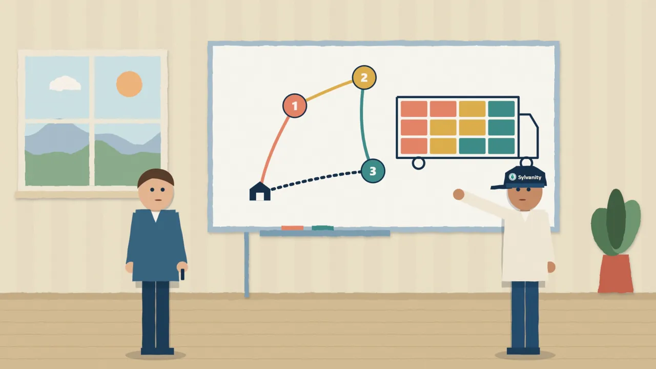 Paper-cut illustration: a planner and a Sylvanity colleague at a whiteboard with a route and a fully packed truck