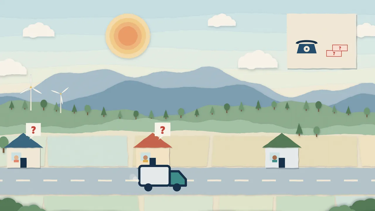 Paper-cut illustration: a street of houses with a question bubble over each one and a planner's phone ringing