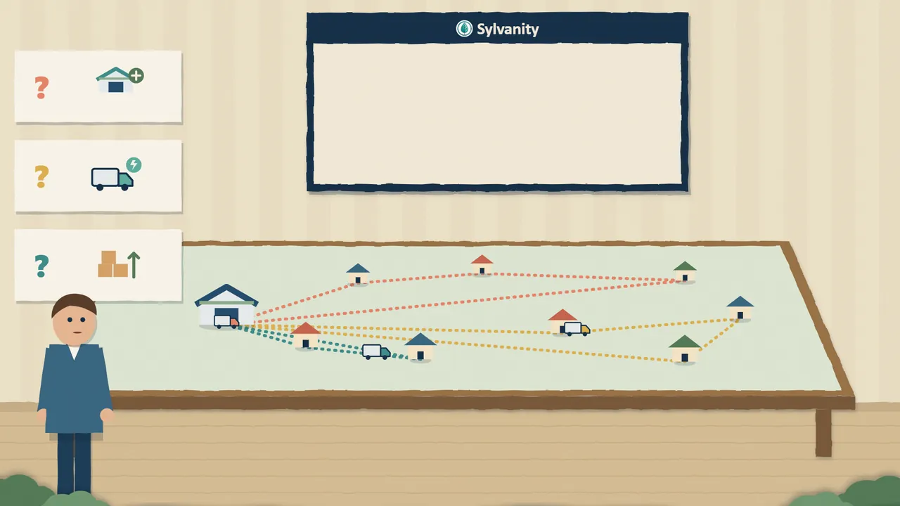 Paper-cut illustration: a paper model of a depot, houses and three routes on a table, with what-if cards on the wall